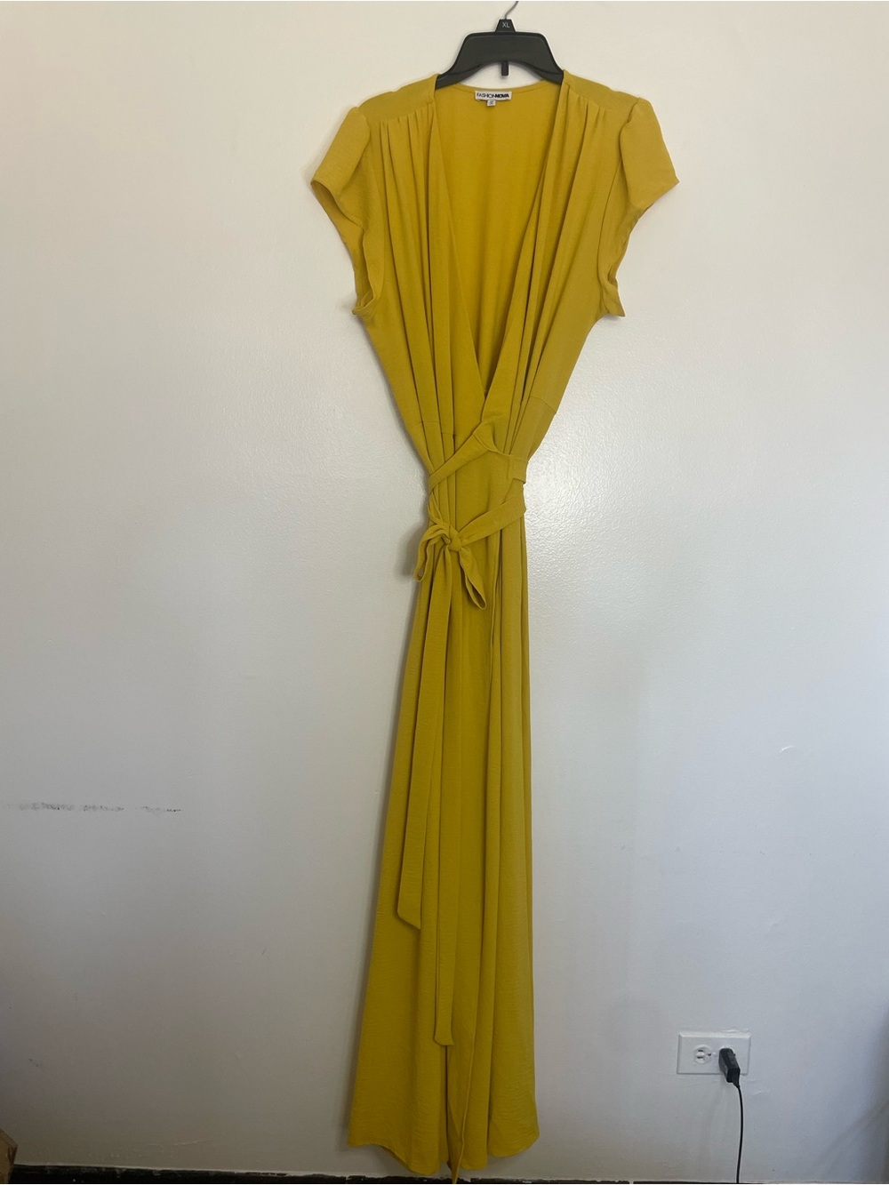 Yellow Wrap Maxi Dress Flowing Wrap, Soft Drape Fluid Cap Sleeves Size 1X